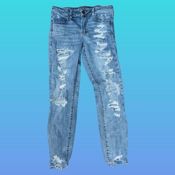 American Eagle Hi Rise Next Level Stretch Light Wash Distressed Jeggings Size 12 - Picture 1 of 7